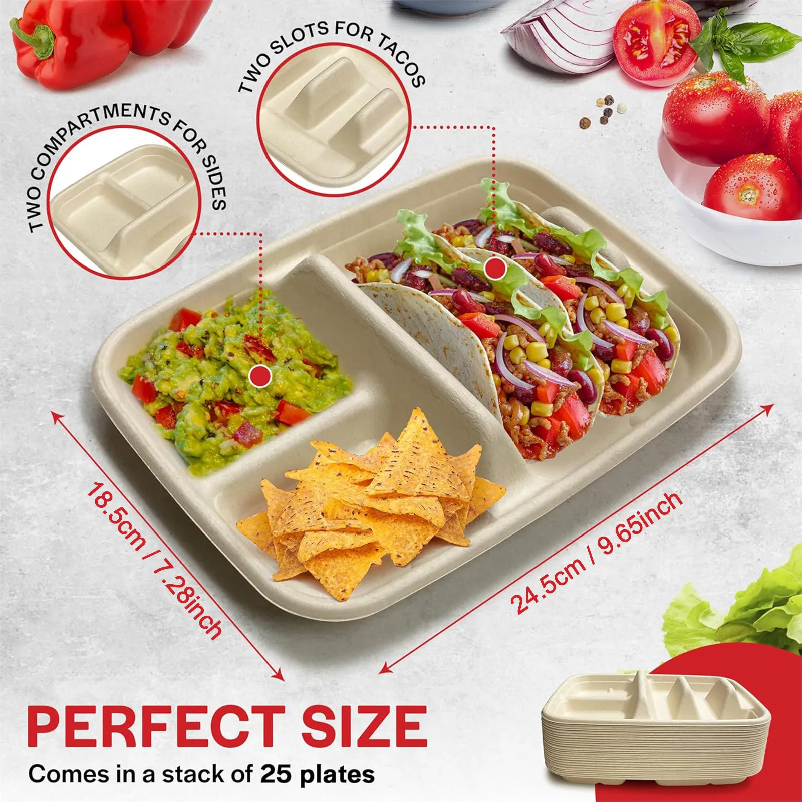 Platos de papel de 25 uds., plato dividido portátil para Burrito, Taco, ensalada, fruta, postre, aperitivos, Camping al aire libre, Picnic, barbacoa, juego de vajilla - imagen 5