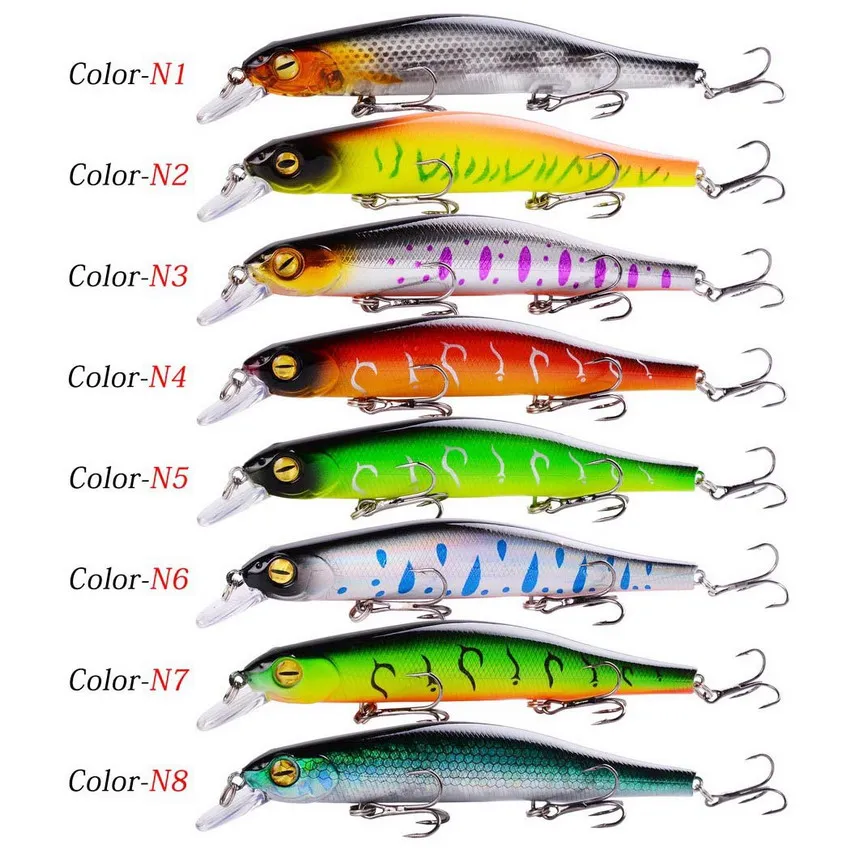 Una fila de señuelos de pesca con diferentes colores y diseños.