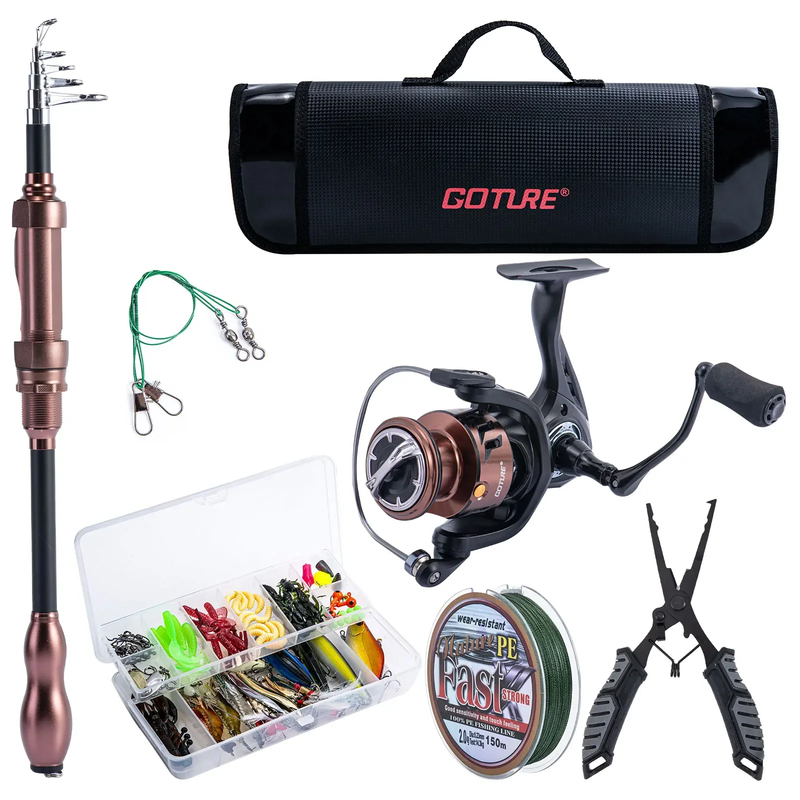 Goture-caña de pescar giratoria y carrete Combo de 1,8 M, caña telescópica con carrete 5,2: 1, arrastre máximo de 4kg con accesorios para Pesca, Juego de Pesca