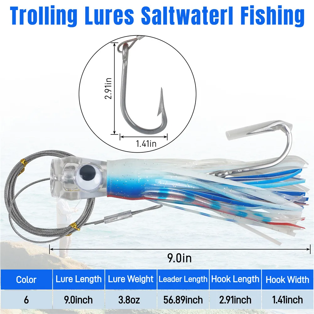 Señuelo de pesca de aguas profundas, faldas de calamar, atún, Marlin, tiburón, Mahi, Trolling, pez de juego grande en alta mar, 6 uds., 6/9 pulgadas - imagen 2