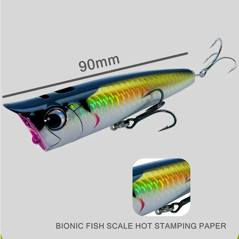GREENSPIDER-SEÑUELOS DE pesca de superficie Popper, 1 piezas, 90mm, 15g, cebo Artificial Topwater, Señuelos de Pesca para aparejos de lubina - imagen 4