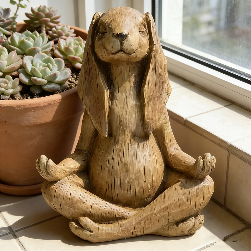 Estatua de conejo meditando Zen – figura para jardín y bonsái - imagen 5