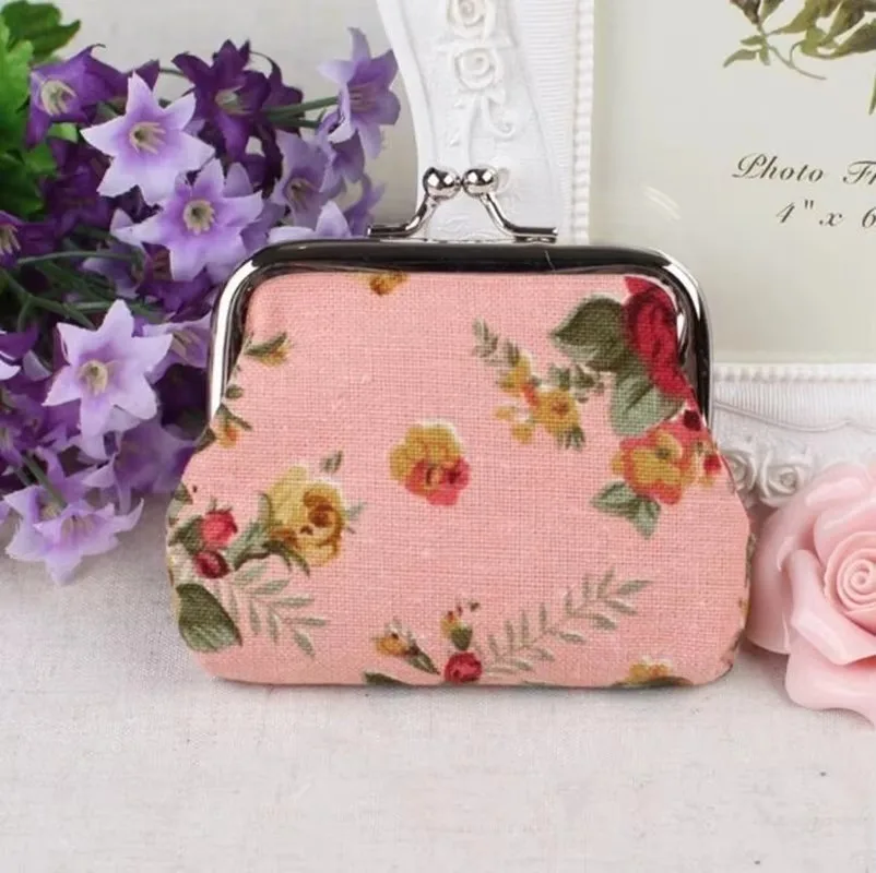 Mini bolso tipo billetera para mujer y niña, monedero de lona con estampado de flores rosas Retro, billeteras con hebilla, Mini bolso de regalo - imagen 4