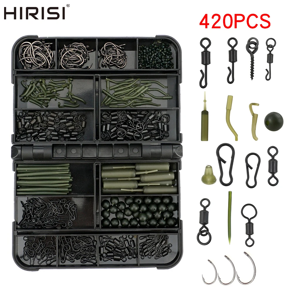 Hirisi-Kit de aparejos de pesca de carpa con caja, giratorios y broches de pesca, mangas antienredos de goma, gancho, cuentas de parada, aparejos de helicópteros