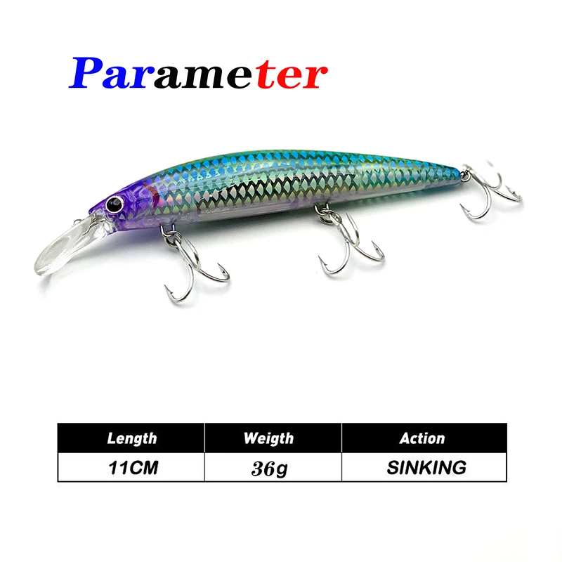 Señuelos de Pesca Testar de 110mm y 36g, cebos de pececillo de hundimiento pesado, Wobblers de fundición larga costera de 110S, Jerkbait láser UV japonés, Pesca de lubina - imagen 3