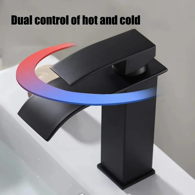 Grifo de lavabo de Estilo Cascada, negro, caliente y frío, todo de cobre, para baño, cocina, uso doméstico - imagen 4