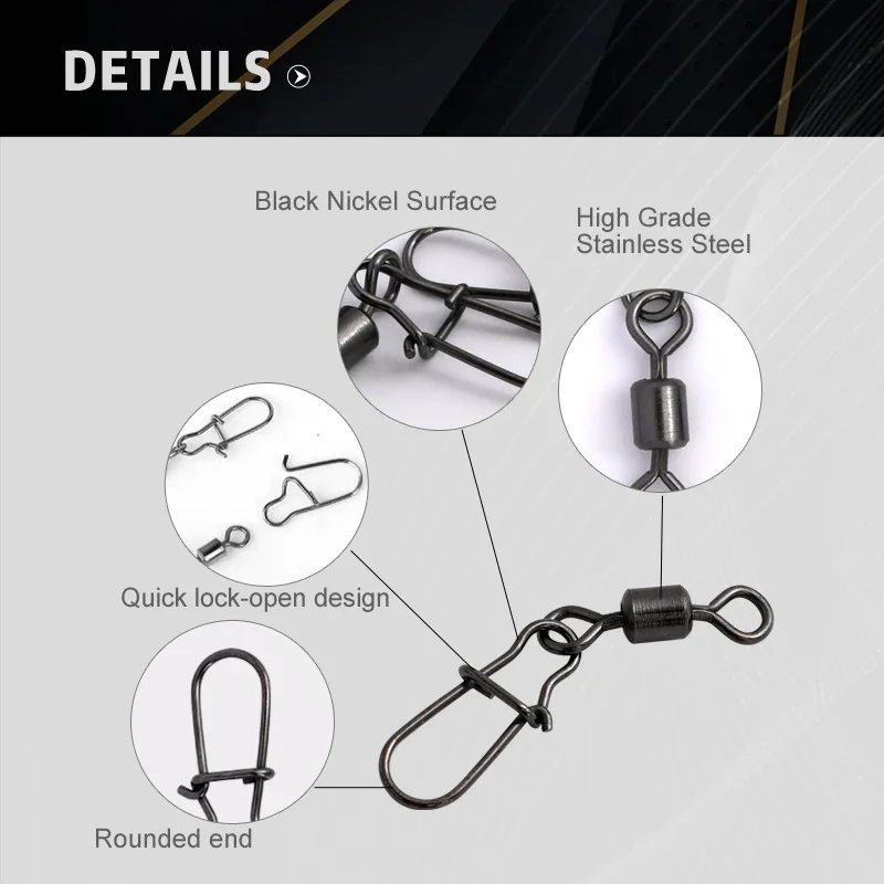 50 unid/caja Pin conector de pesca de acero inoxidable 4 # 6 # 8 # 10 # 12 # Rodamiento giratorio con accesorios para señuelos de anzuelo a presión - imagen 3