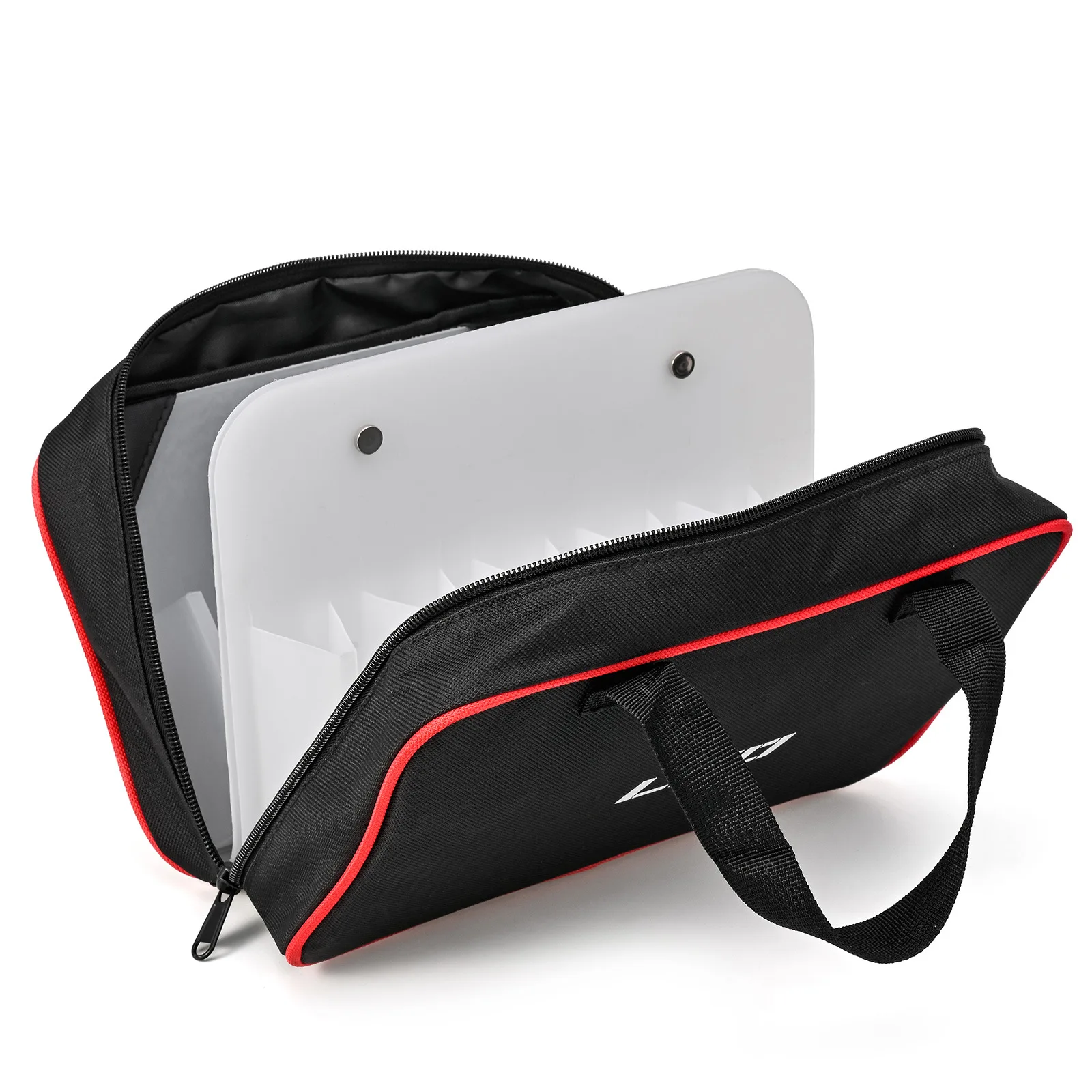 Esta elegante caja de transporte en negro y rojo presenta una tapa desprendida transparente para facilitar el acceso a su contenido