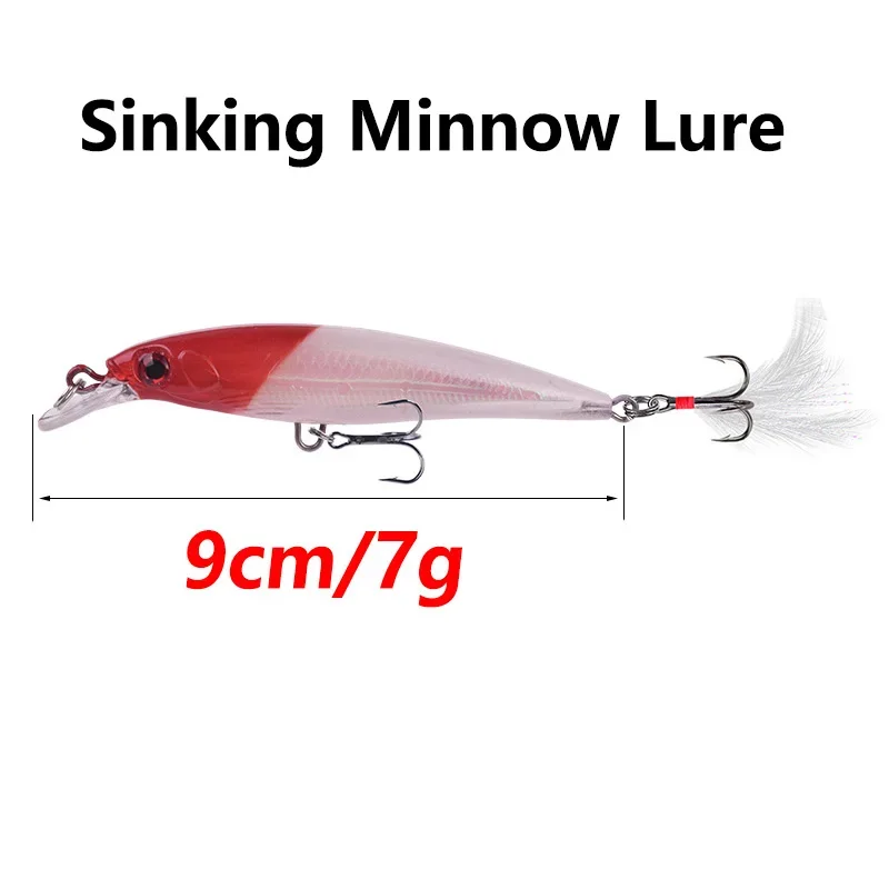 Señuelo de pesca de pececillo hundido, 9cm, 7g, Wobblers de curricán, cebos artificiales de plástico con anzuelos de plumas, aparejos de pesca Crankbait, 1 ud. - imagen 3