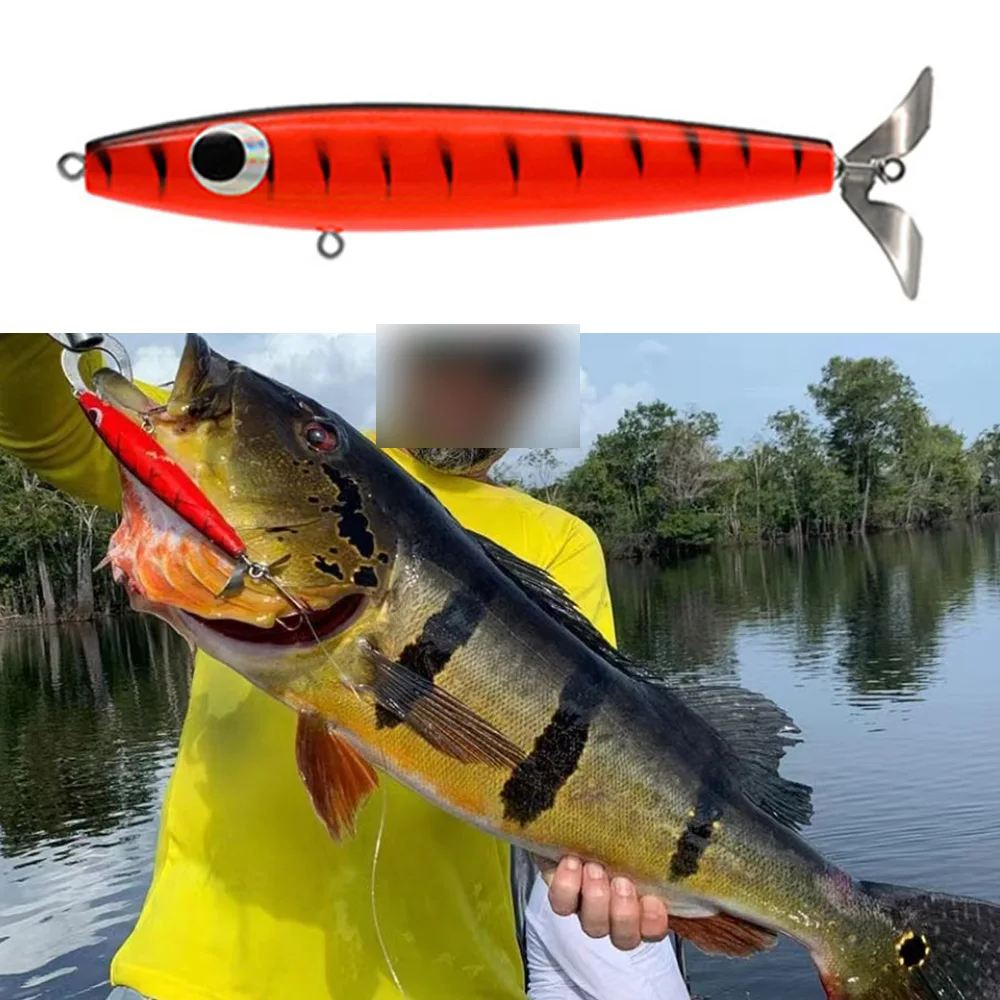14cm 25g Trolling hélice de madera lápiz de madera señuelo agua salada palo de agua superior cebo Señuelos de pesca de madera cebo de pavo real - imagen 3