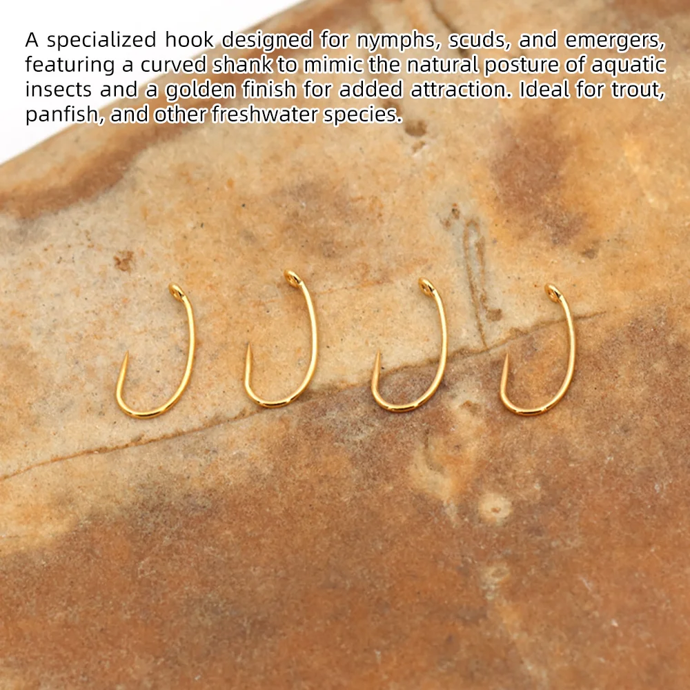 Wifreo, 100 Uds., anzuelo curvo sin púas para atar moscas de ninfa, anzuelo de pesca con mosca de ojo dorado para Scud Pupae San Juan, gusanos, señuelos de trucha - imagen 5