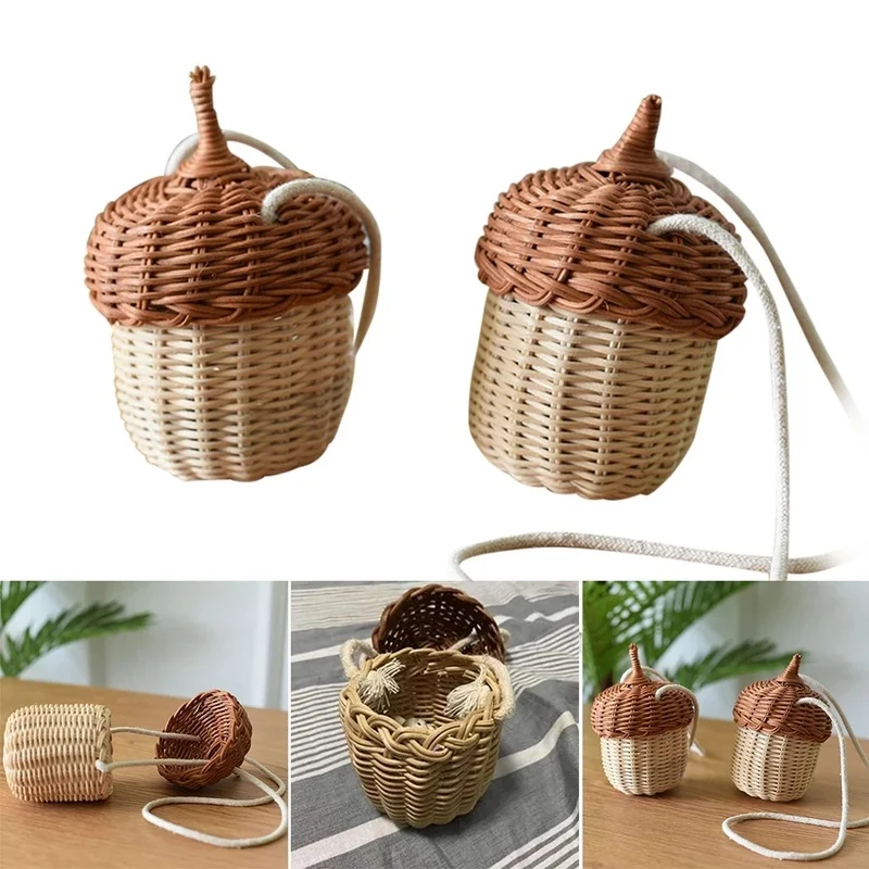 Cesta de almacenamiento en forma de bellota, bolso de mimbre redondo tejido a mano, Cubo de estilo Tropical de playa, bolso de hombro tejido, accesorios para fotos, nuevo - imagen 3