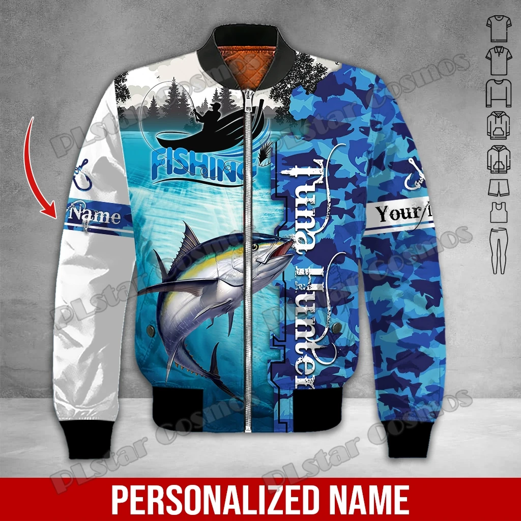 Chaqueta Bomber de invierno para hombre, pesca atún/marlin, nombre personalizado, estampado 3D, abrigo grueso con cremallera y bolsillo, chaqueta informal cálida con cremallera, FX-06