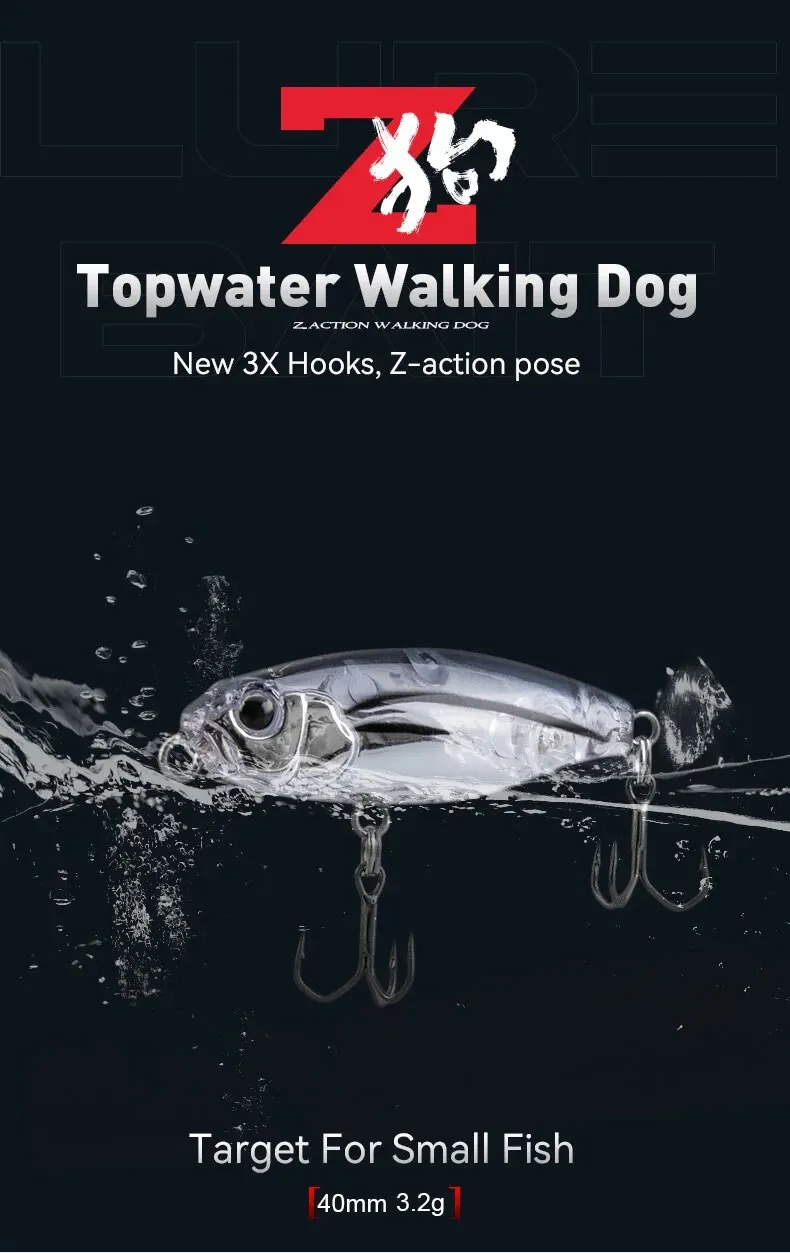 Experimente la emoción de la pesca con el perro de caminata de topwater diseñado para peces pequeños y con nuevos ganchos 3x y pose de Z-Action