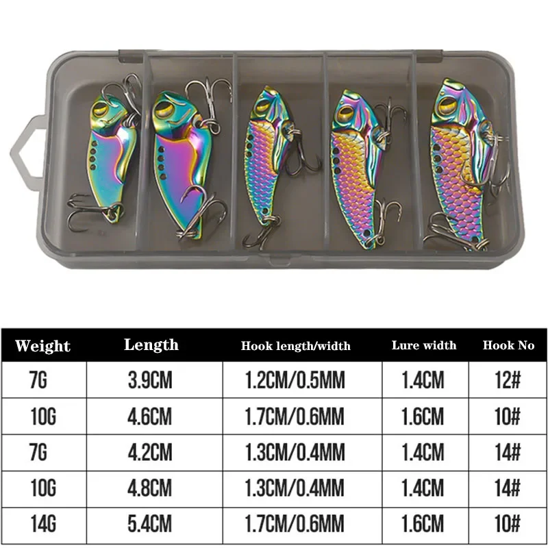 Juego de cebos de lentejuelas de colores, señuelo de simulación de Metal VIB de capa completa, con caja, 7g/10g/14g, 5 unids/lote - imagen 3