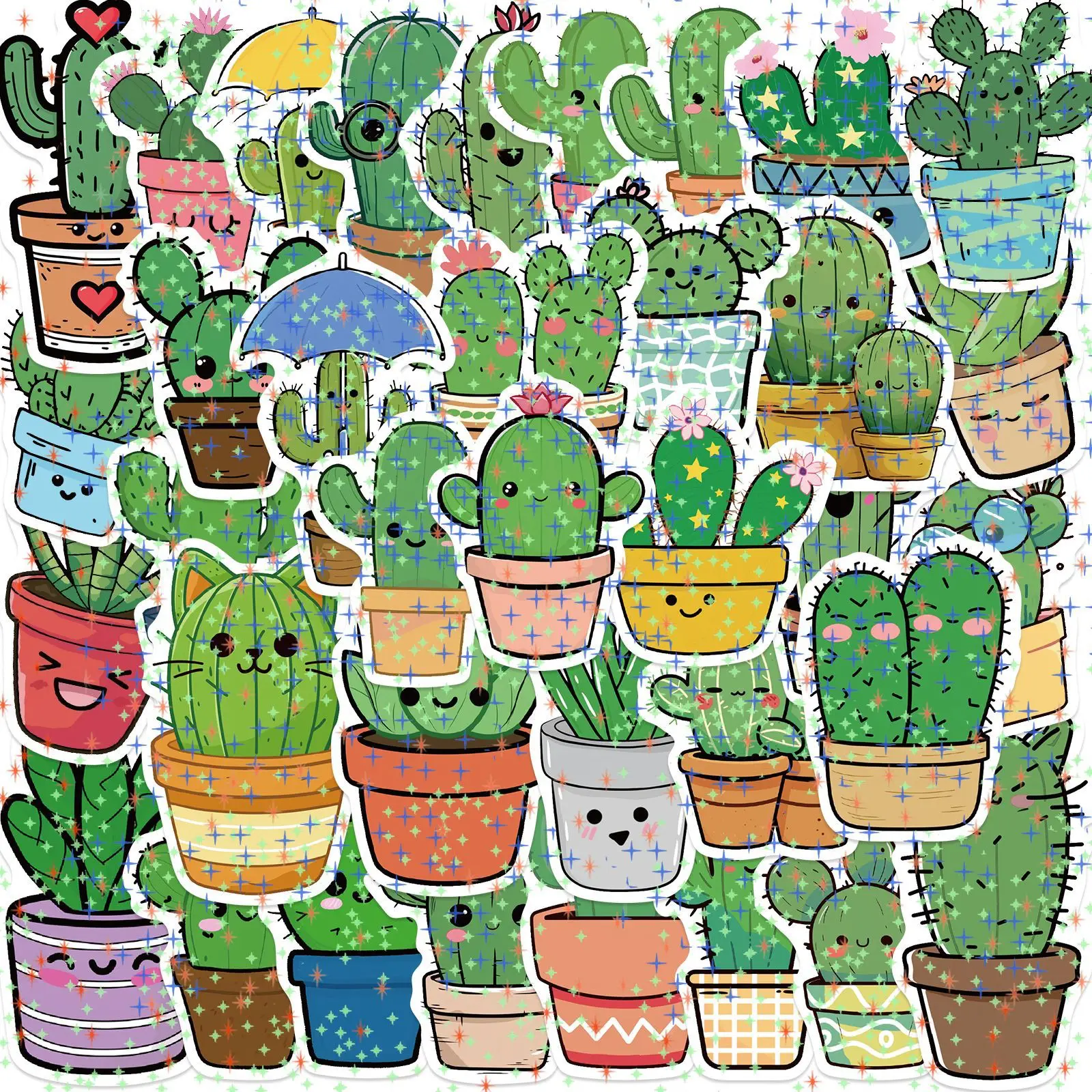 50 Uds. De pegatinas con purpurina de película de estrella de Graffiti de Cactus y plantas bonitas, juguetes para niños, portátil, móvil, equipaje, álbum de recortes, monopatín, pegatina creativa