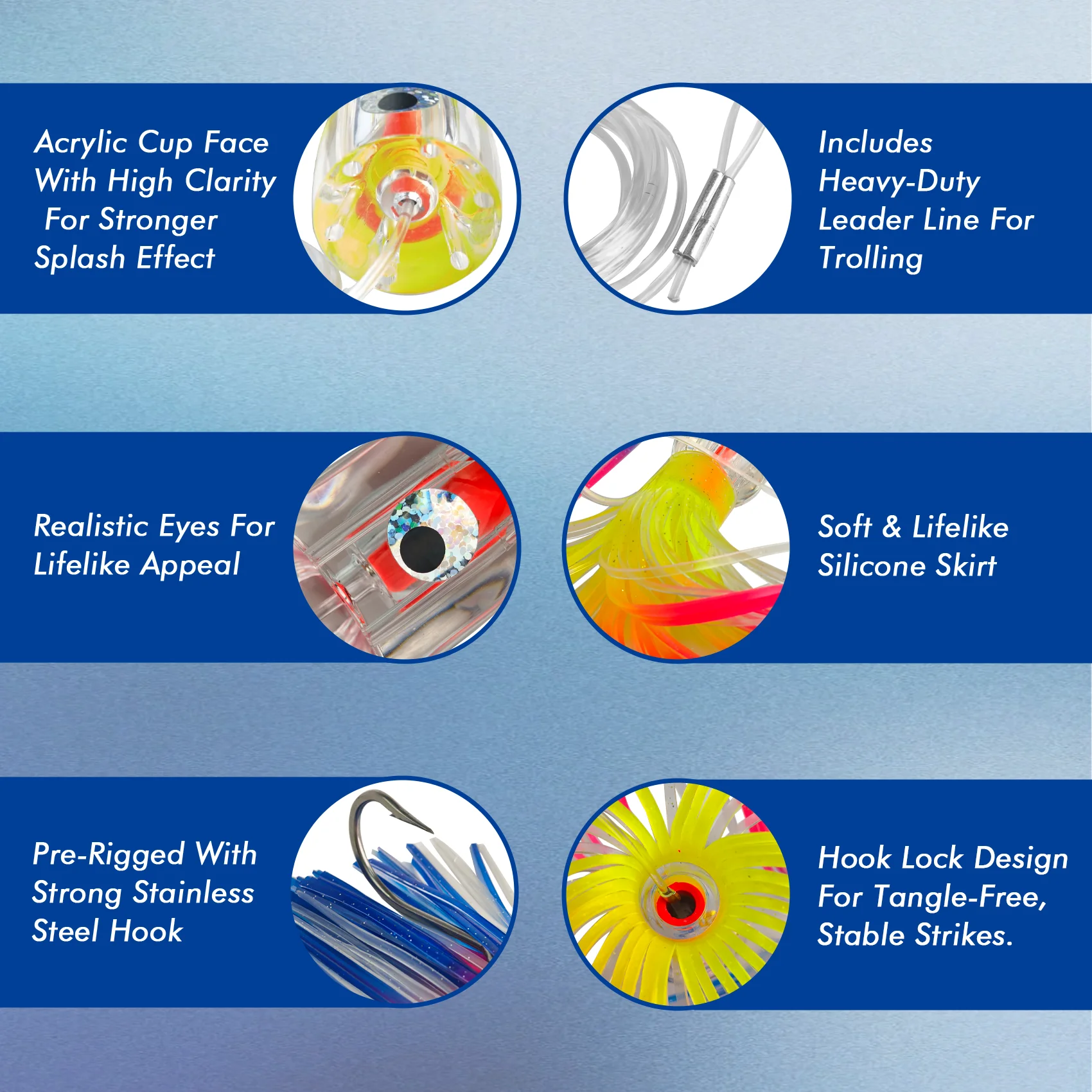 Señuelos de pesca en alta mar con agujeros de chorro de cabeza de copa acrílica, preinstalados con gancho de acero inoxidable, señuelos de agua salada para MarlinTuna Wahoo - imagen 4