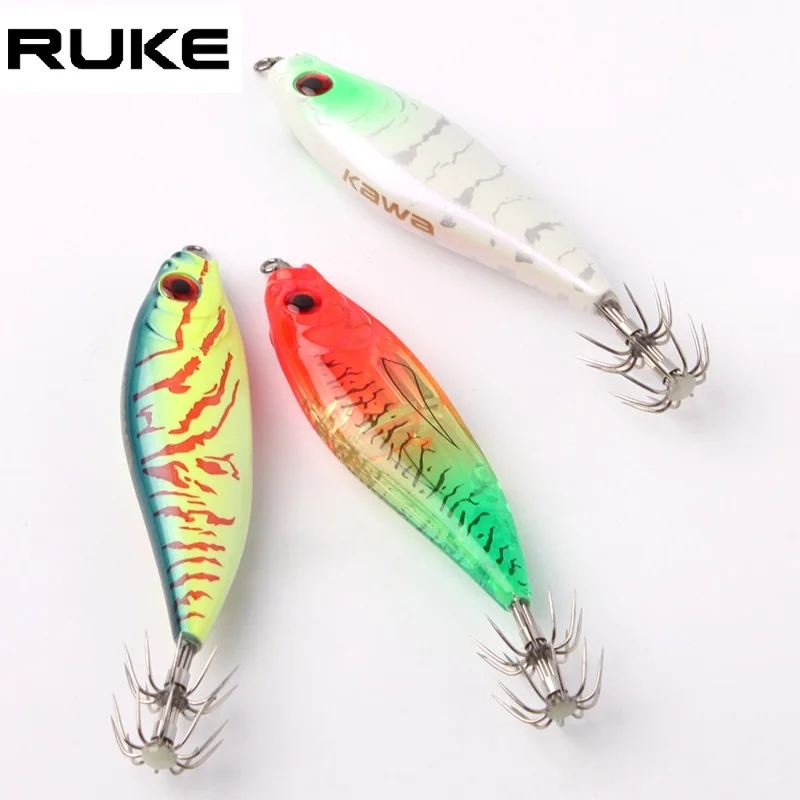 RUKE-señuelo de madera para pesca de camarones, anzuelos de calamar, 4/5, 5g, 50/55mm, revestimiento UV, pulpo, sepia, camarones, Jigging, 1 ud.