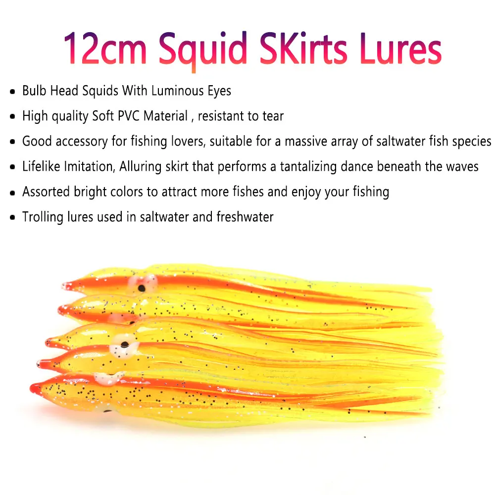 Bimoo, 2 bolsas = 10 Uds., calamares con cabeza de bombilla de 12cm con ojos luminosos, faldas de calamar suaves, señuelos, falda de pulpo, Señuelos de Pesca de agua salada - imagen 3