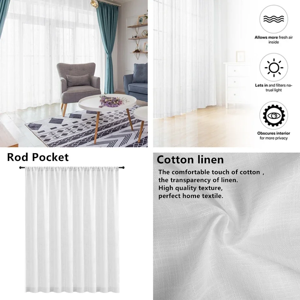 Cortinas transparentes de lino y algodón, cortinas semitransparentes con bolsillo en barra de gasa para dormitorio, sala de estar, cortinas de ventana con filtrado de luz - imagen 4