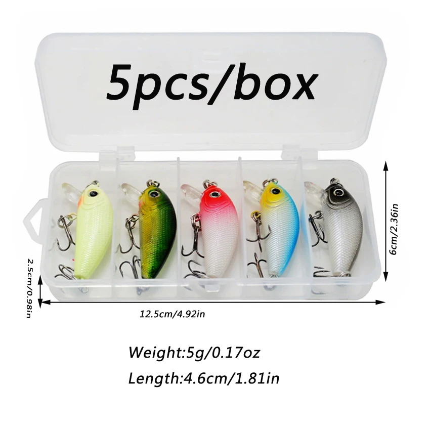 5 unids/caja Mini 4,6 cm 5g manivela cebo de Pesca de carpa señuelo Artificial duro Pesca Crankbaits señuelos de peces Wobbler caja de aparejos