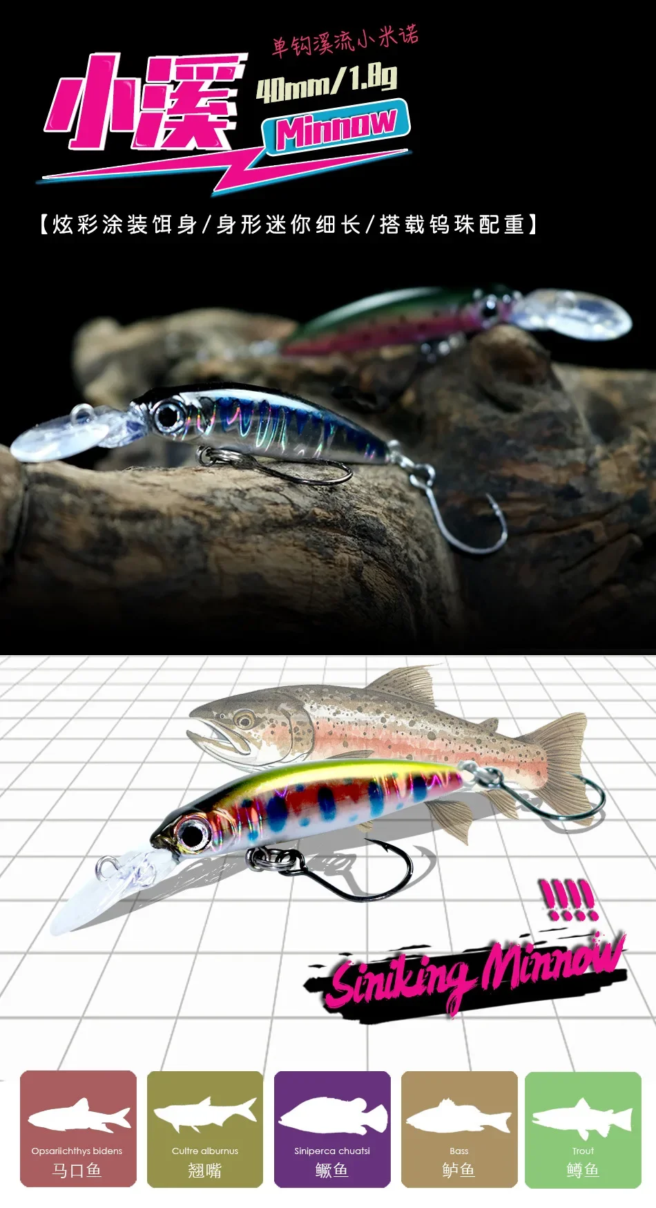 Un señuelo de pesca con un esquema de color rosa y verde