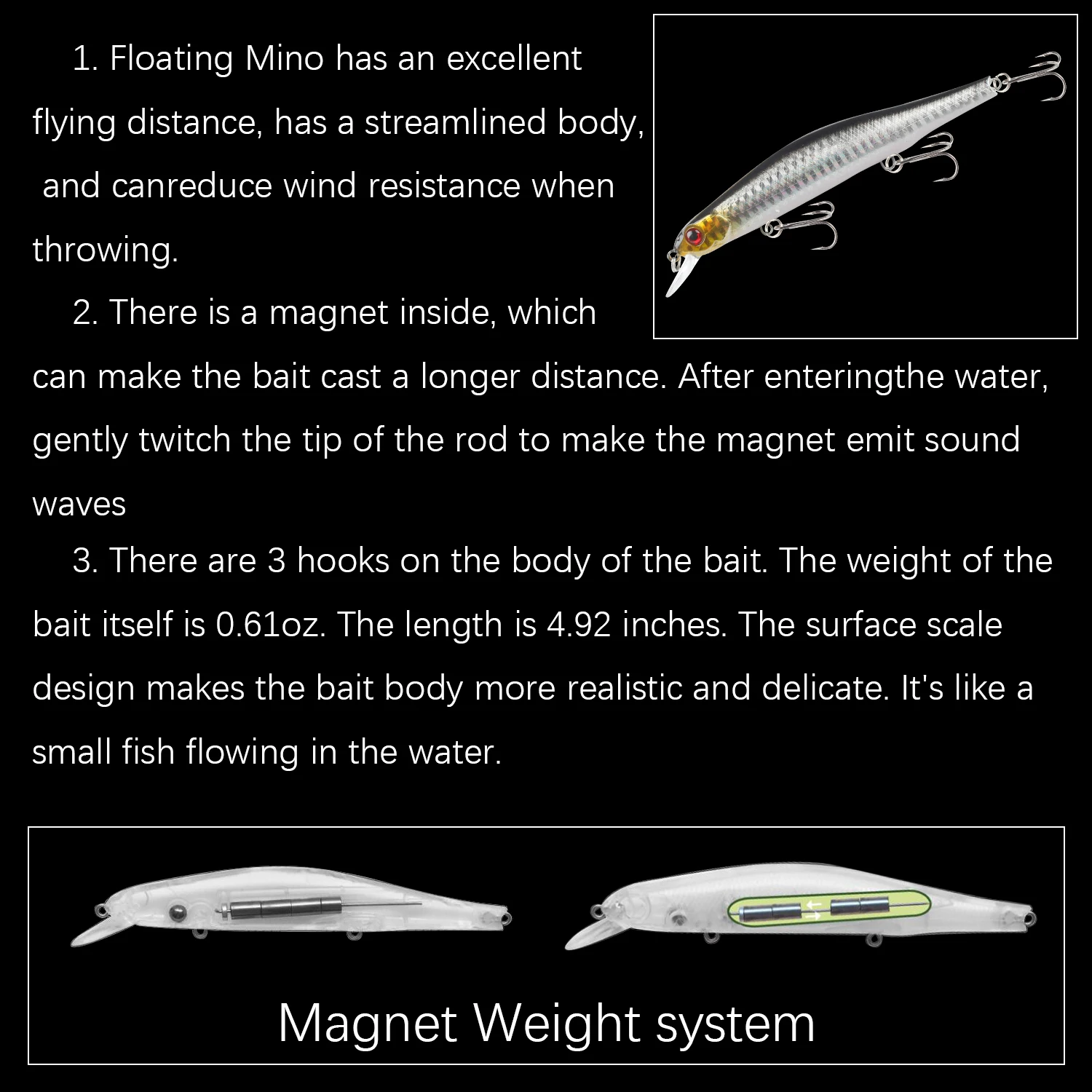 Señuelo de Pesca Minnow, 12,5 cm/17,7g, cebo Artificial Topwater, ojos 3D, Wobblers de plástico, aparejos de Pesca, sistema magnético de fundición lejana, 1 ud. - imagen 4