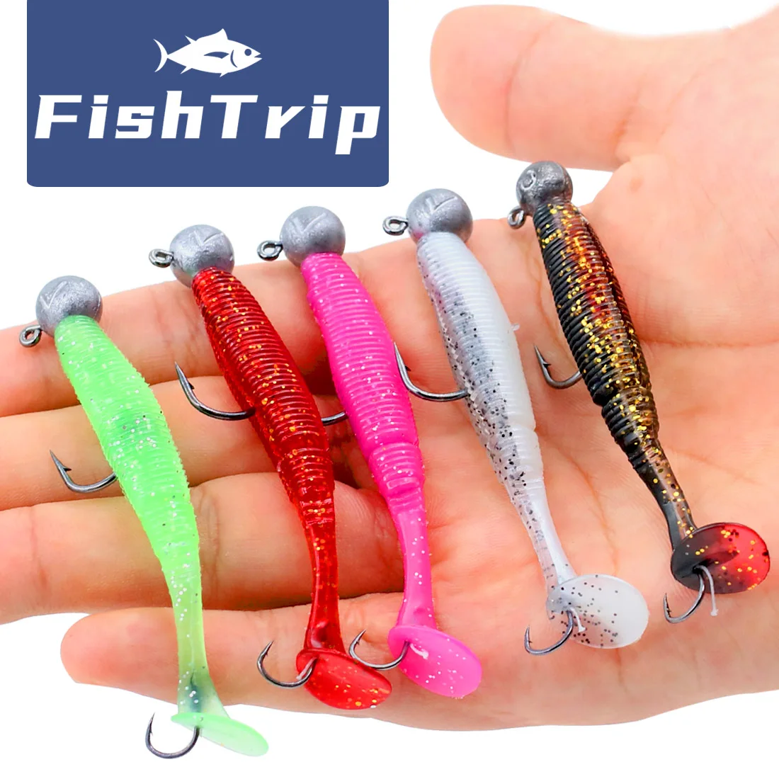 FishTrip-señuelo blando con cabezal de anzuelo, 5 uds., cola de paleta con gancho, señuelo de plástico suave de PVC de 3-10g para aparejos de pesca de lubina, agua salada - imagen 2