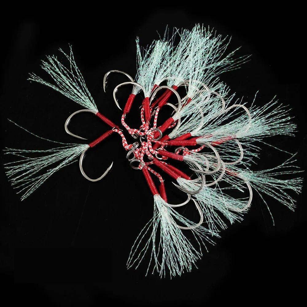 Anzuelos de pesca de Jigging lento, cebo de asistencia, individual, pluma de hilo, acero de alto carbono, 10 unidades por lote - imagen 2