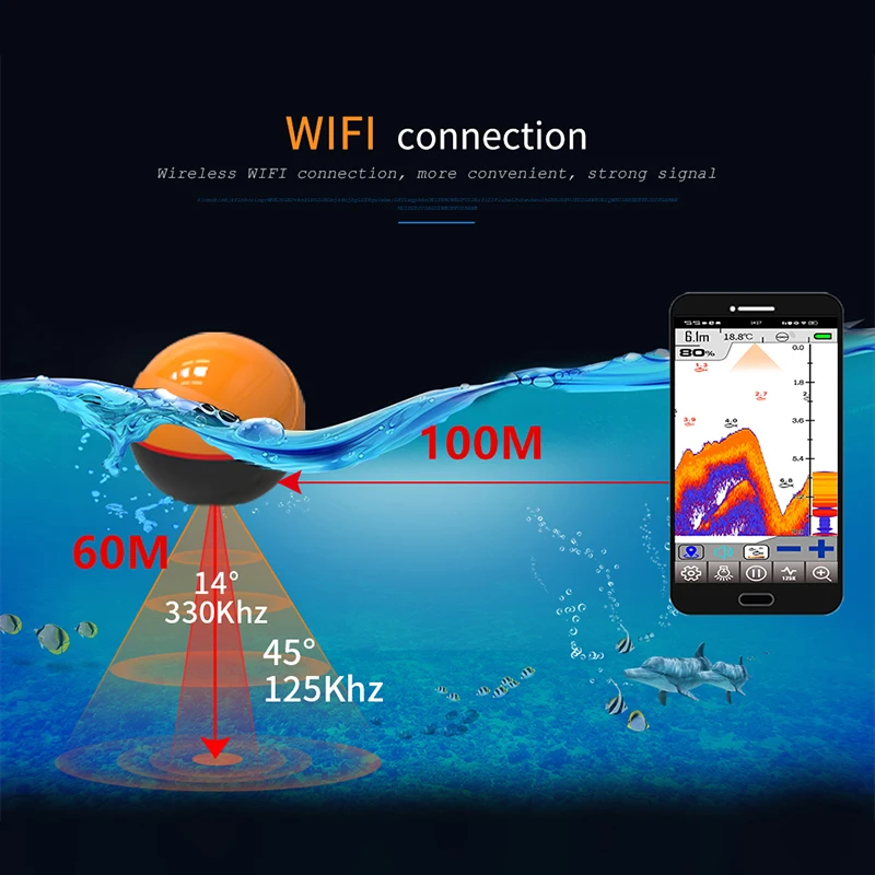 Erchang F68 WiFi buscador de peces 100M de distancia 60M de profundidad pesca inalámbrica adecuada para iOS y Android Detector de eco pesca en el océano - imagen 5