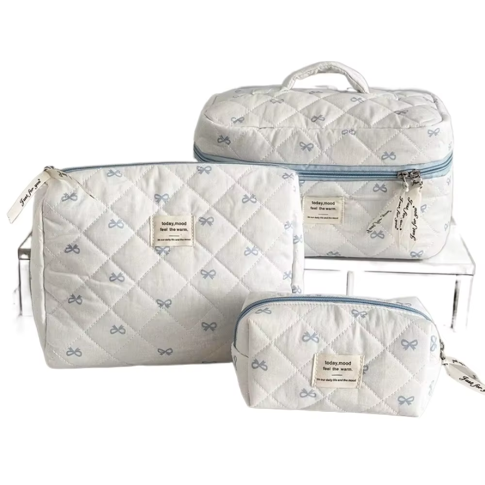 Nuevo bolso de cosméticos con lazo azul para mujer, bolsa de viaje, bolso de almacenamiento de gran capacidad, bolsa de maquillaje con cremallera tipo 3, regalos - imagen 5
