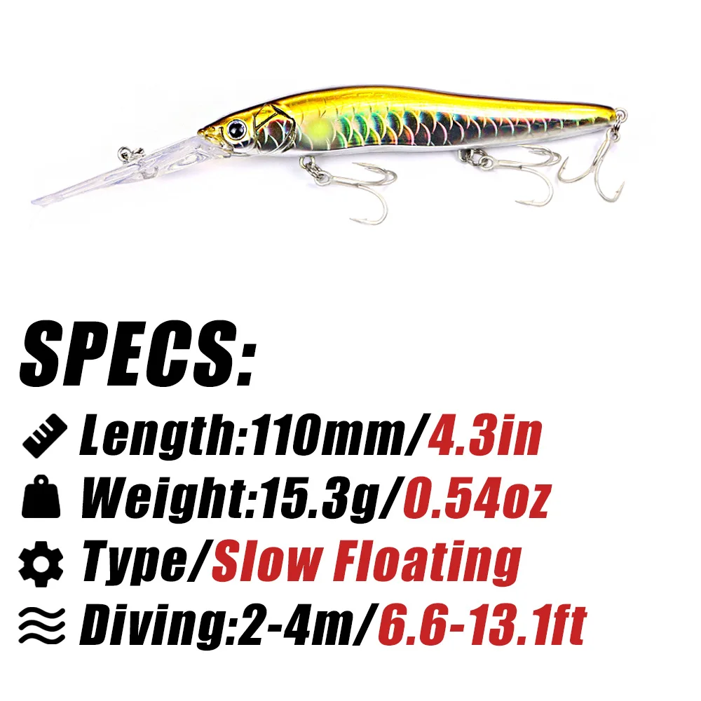 B & U-señuelo Wobbler de pececillo flotante lento para buceo profundo, 110mm, cebo duro Artificial, Crankbait, Lucio, Walleye, perca, equipo de pesca - imagen 2