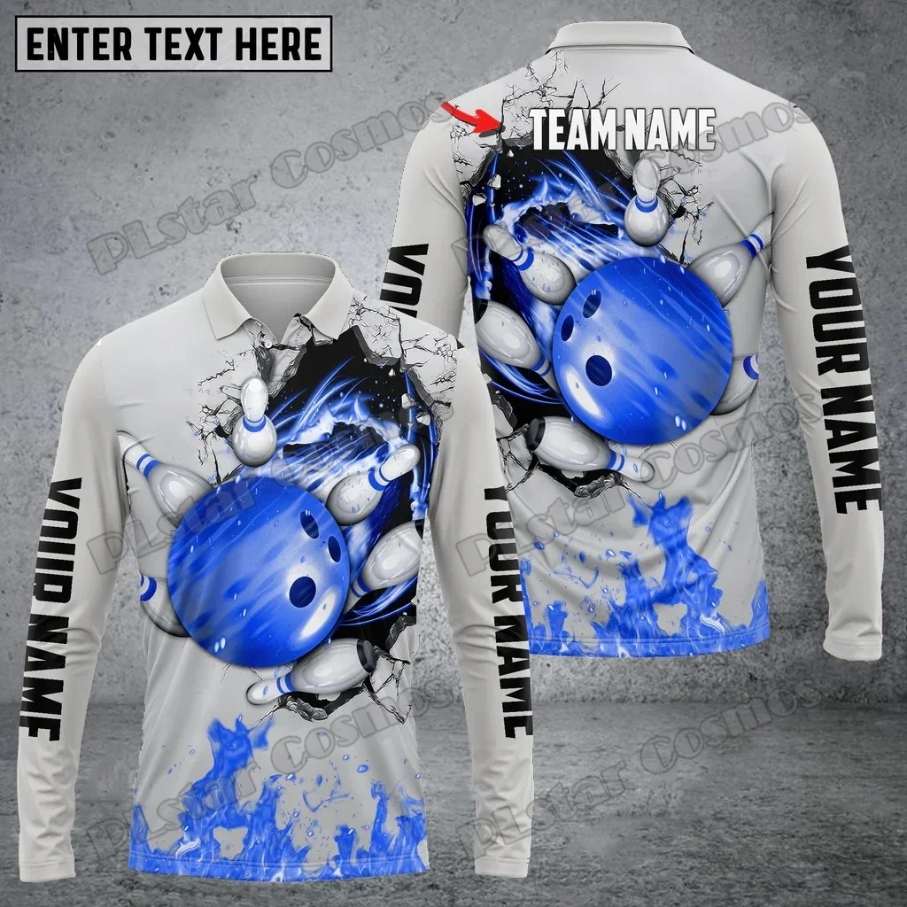 Polo de manga larga para hombre con estampado 3D de nombre personalizado con diseño de bolos y pines, Polo informal de otoño con solapa Unisex PLP76 - imagen 3