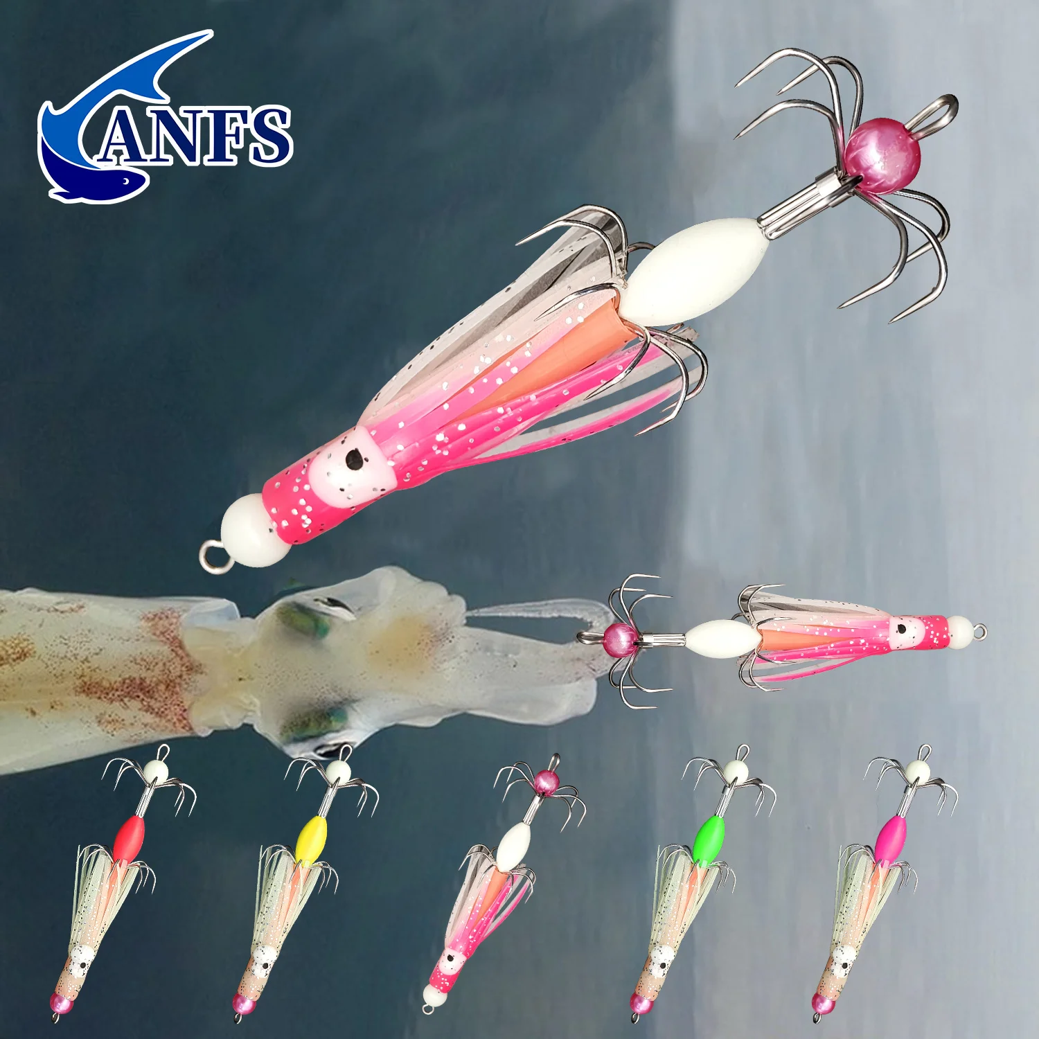 ANFS 5 anzuelos de calamar de acero inoxidable de primera calidad, anzuelos de plantilla de pulpo de doble capa, cuentas luminosas para pesca nocturna - imagen 5