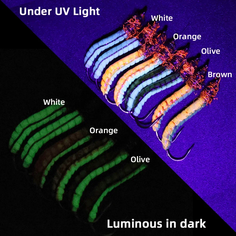 Wifreo 4 piezas/5 piezas # 12 luminosas y UV de látex, cebo de insecto Artificial con mosca helicoidal, epoxi realista, tierra, gusano, trucha, lubina, Señuelos de Pesca - imagen 5