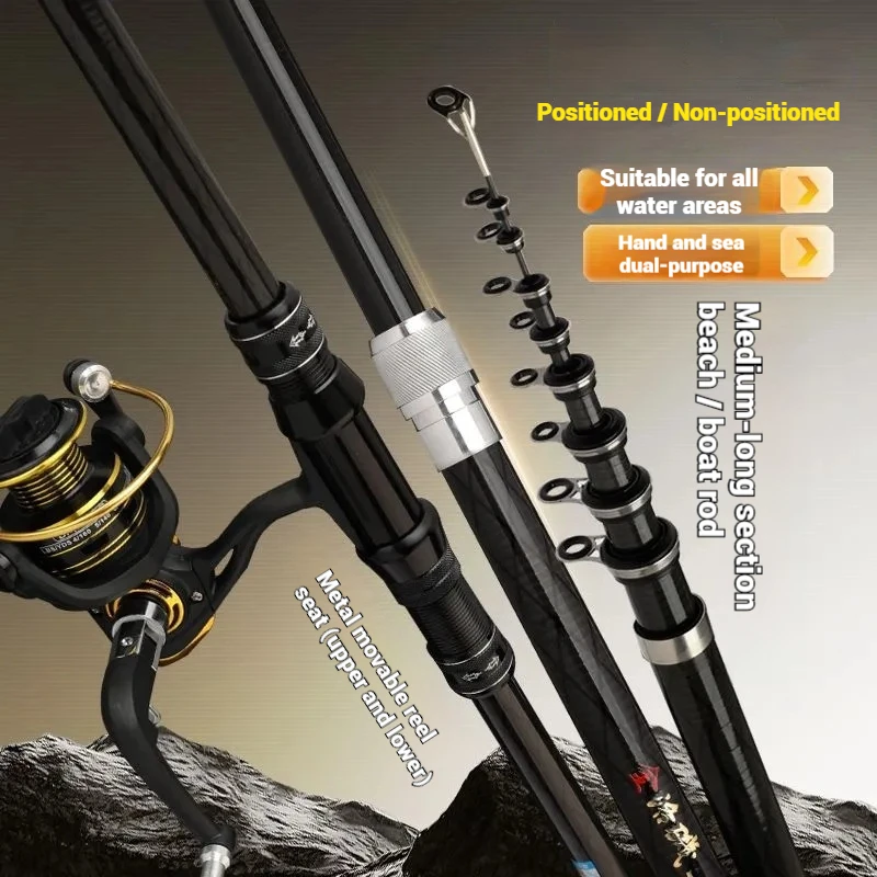 Caña de pescar telescópica ajustable de carbono, caña de pescar en roca de 2,7 a 6,3 m, caña giratoria de lanzamiento negra