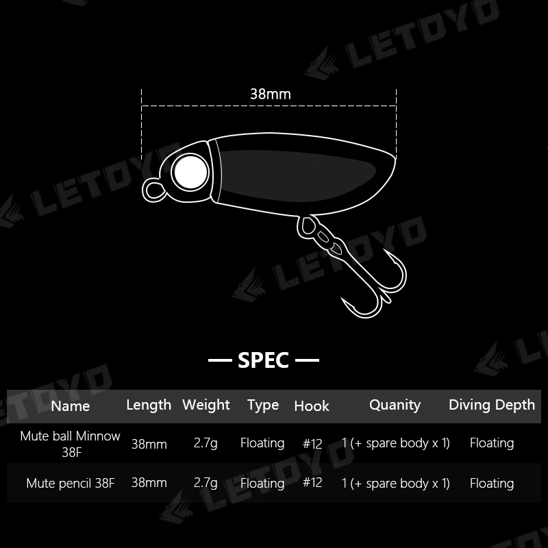 LETOYO, señuelo de pesca de trucha MuteBall Minnow38F/Pencil38F, cebo de insectos artificiales de superficie de 38mm y 2,7g, cuerpo de plástico suave, Mini señuelo flotante - imagen 3