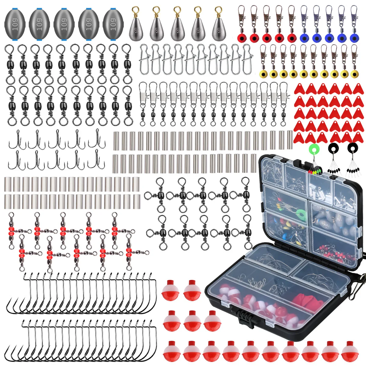 Kit Accesorios de Pesca con Caja – Ganchos, Giratorios y Plomos