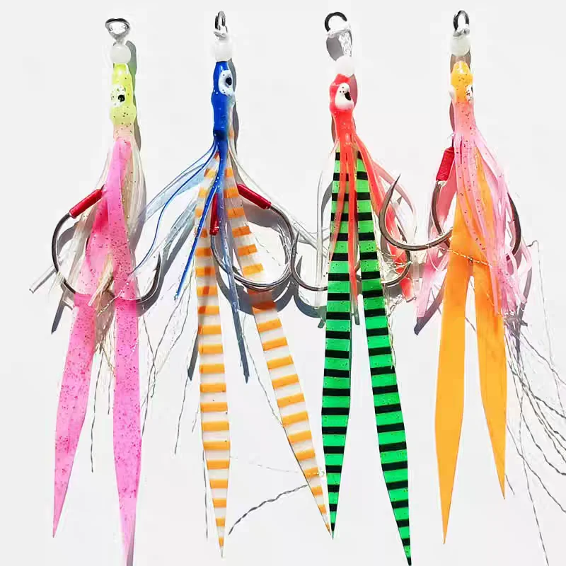5 unids/lote falda de silicona brillante anzuelo de pesca anzuelos de asistencia con faldas de calamar plantilla luminosa lenta accesorios de pesca de mar - imagen 2