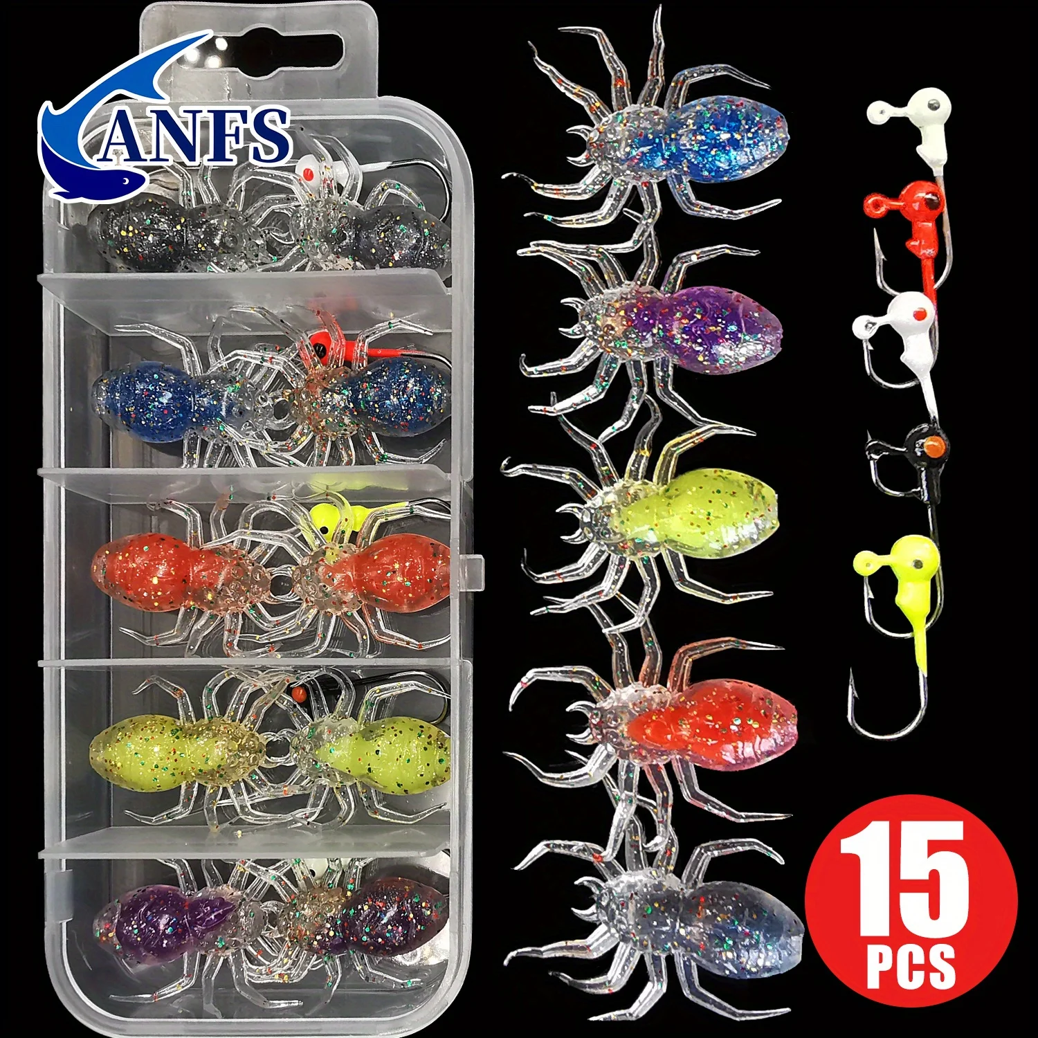 ANFS 15 Uds juego de señuelos de pesca-10 Uds cebo Artificial suave con 5 uds 1g gancho de plomo para pesca en agua dulce y salada