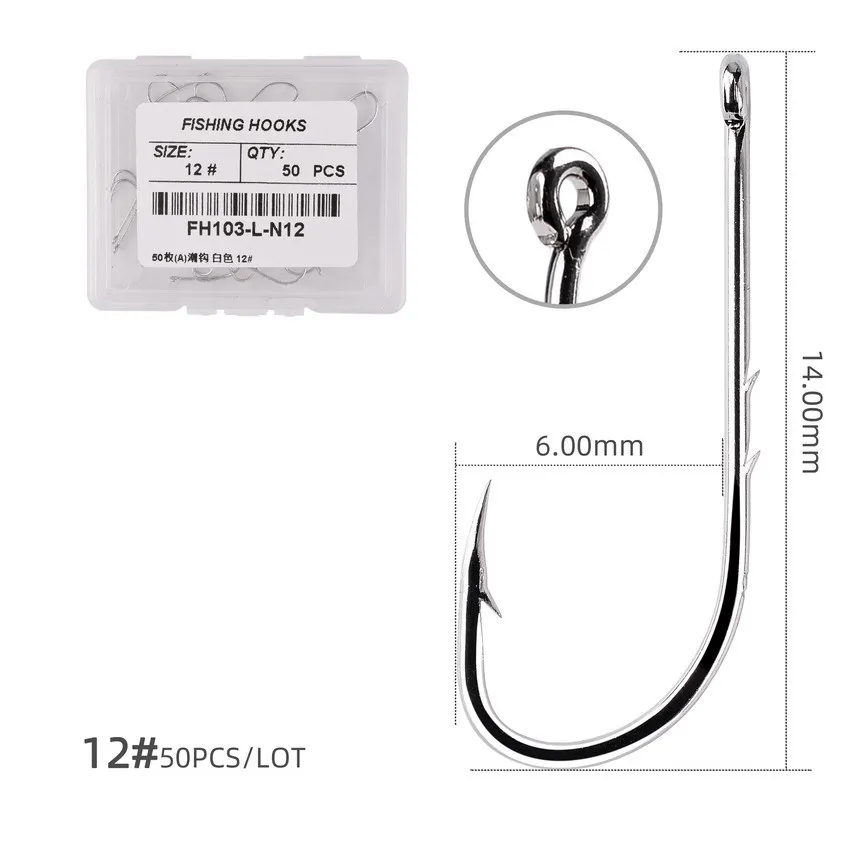 50 unids/caja anzuelo de pesca de vástago largo de acero rico en carbono, anzuelo de cebo estrecho con púas afiladas, accesorios de pesca - imagen 5