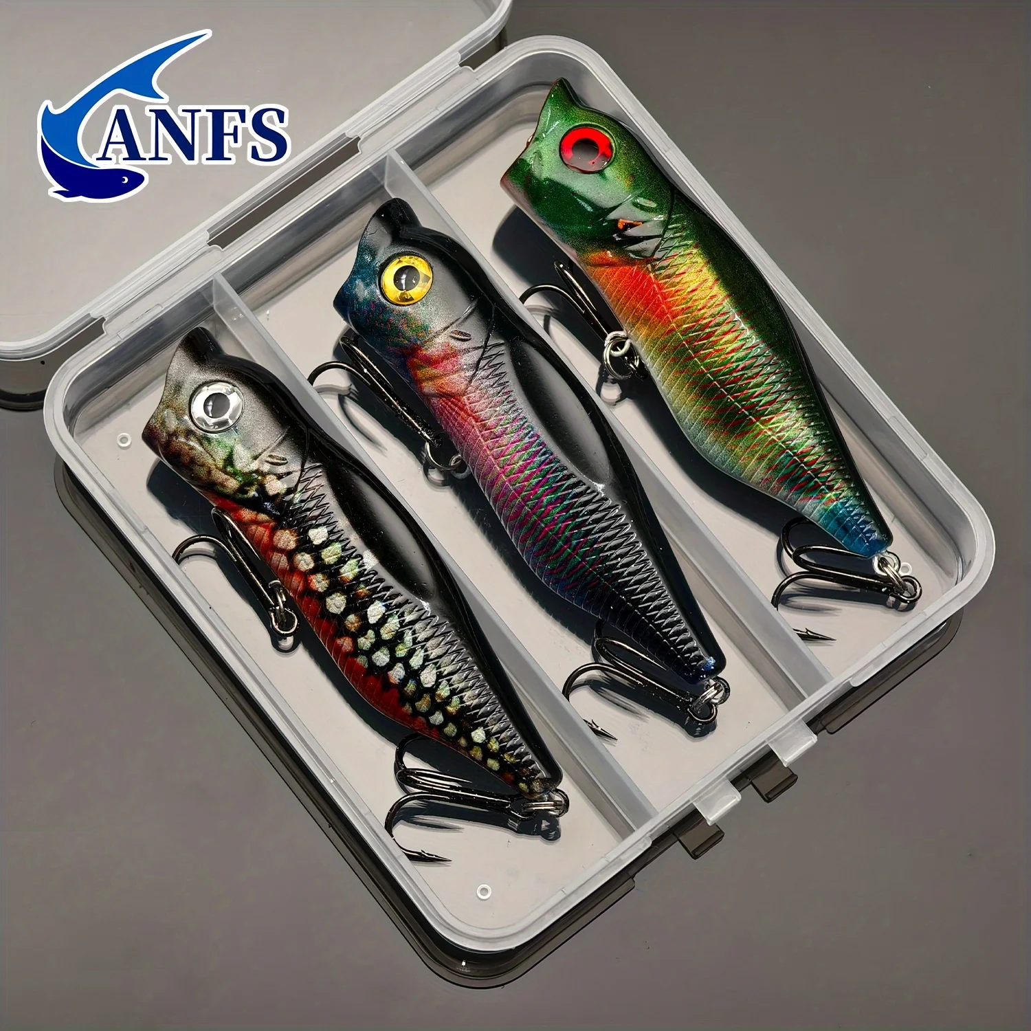 ANFS 3 uds/1pcTopwater Popper Señuelos de pesca, cuerpo de plástico con impresión en Color cebo Artificial realista para lubina de agua dulce