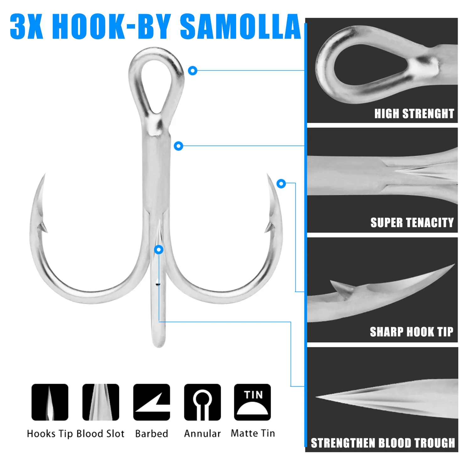 3X anzuelos triples súper fuertes, aparejos de pesca, 10 Uds., accesorios de alta resistencia, anzuelo de pesca de jigging de agua salada de acero rico en carbono - imagen 5