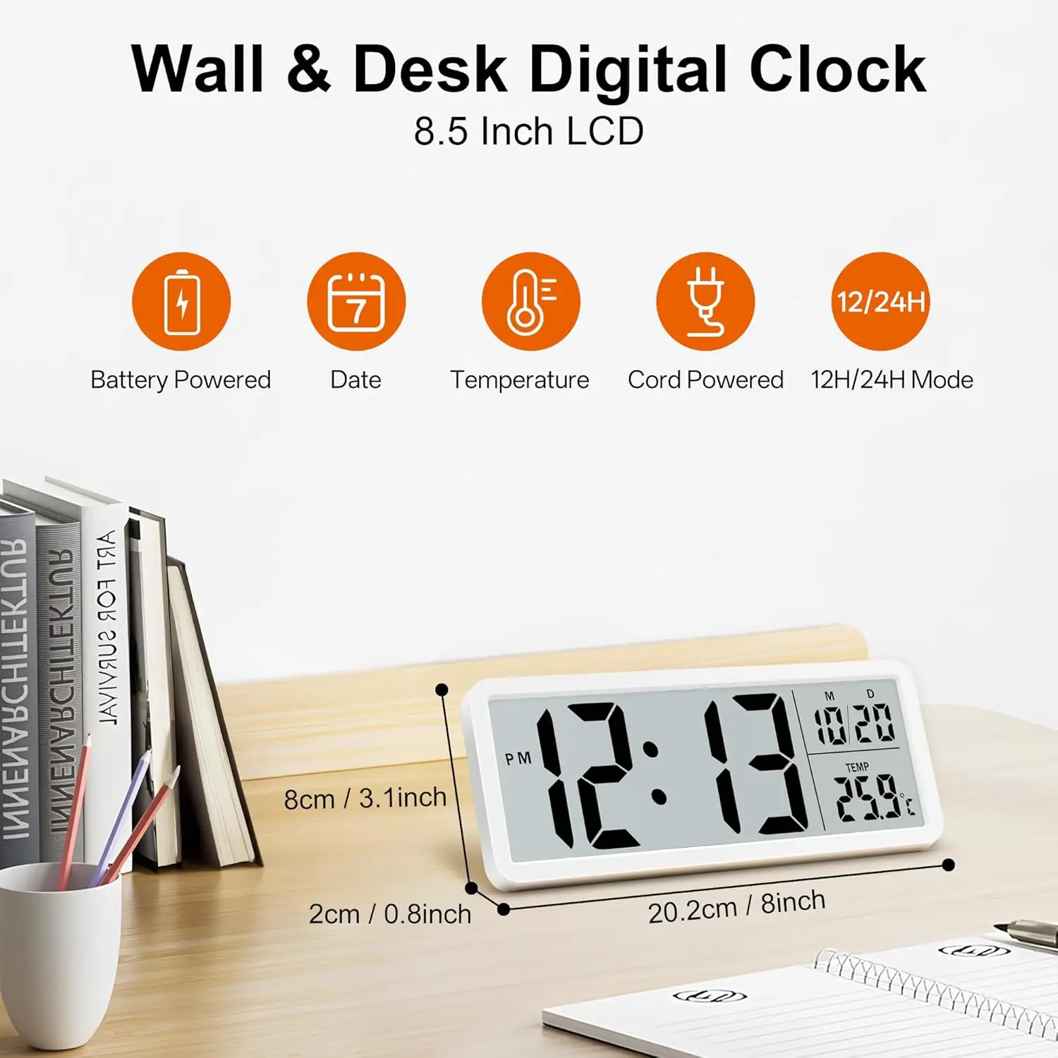 Reloj digital LCD 8 pulgadas con fecha, hora y temperatura doble - imagen 3