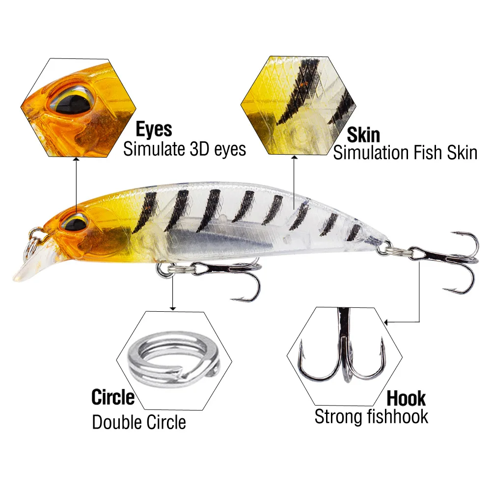 Señuelo de pesca Minnow de 7cm y 8g, cebo duro con ojos 3D # 8 anzuelos triples Crankbait Profundidad de fundición larga 0,5 m-2 m para trucha bajo - imagen 4