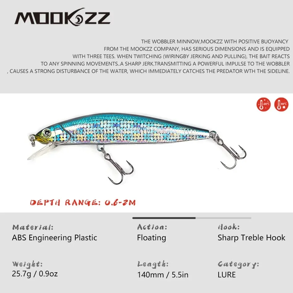 MOOKZZ-Señuelos de Pesca duros, cebos Wobblers de calidad Minnow, aparejos de pesca Artificiales Profesionales, buena acción, 14CM, 25,7G - imagen 2