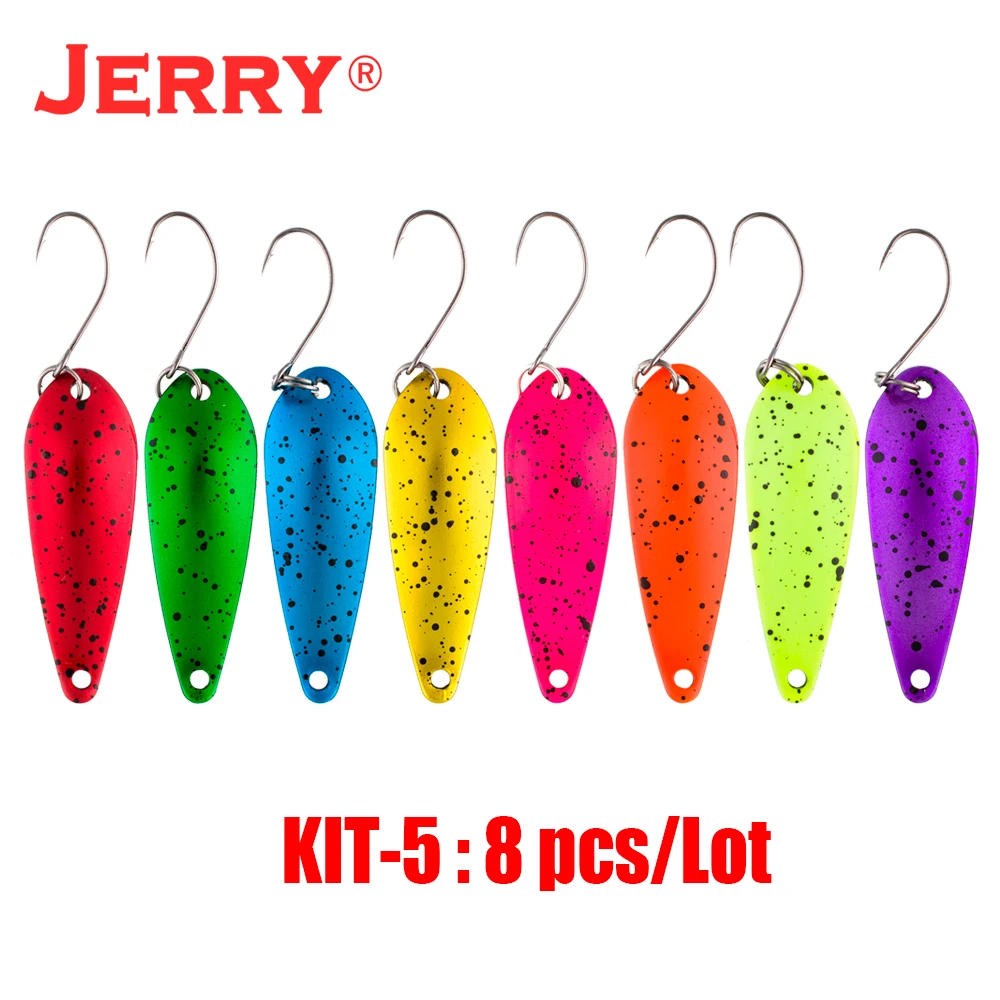 Jerry Aries 3,5g 5g Kit de cuchara de Metal para trucha, cebo giratorio de colores UV, adornos brillantes, lucio, perca, Micro señuelo de Pesca de agua dulce