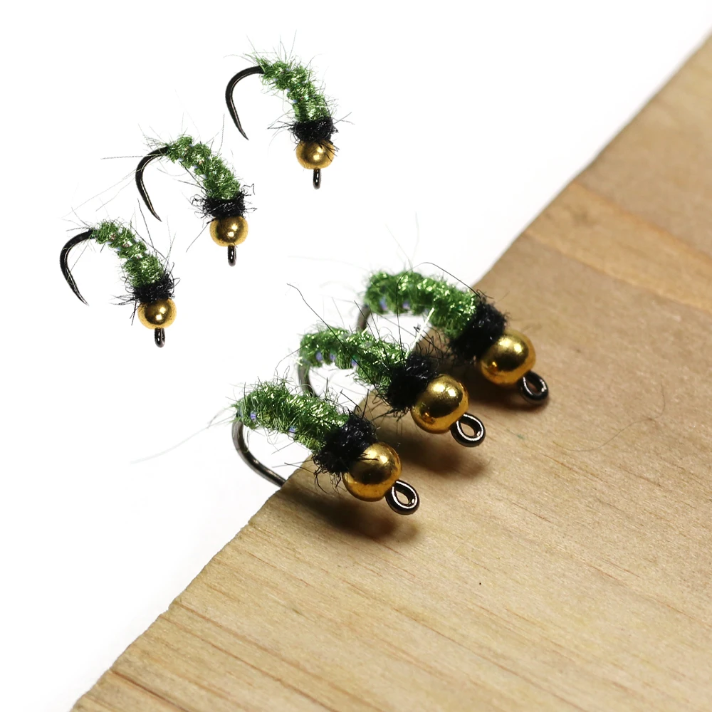 Wifreo 6PCS # Señuelo falso de pesca de ninfa húmeda, cabeza de cuentas de latón con mosca de ninfa de fibra Dub de hielo verde, 12 - imagen 4