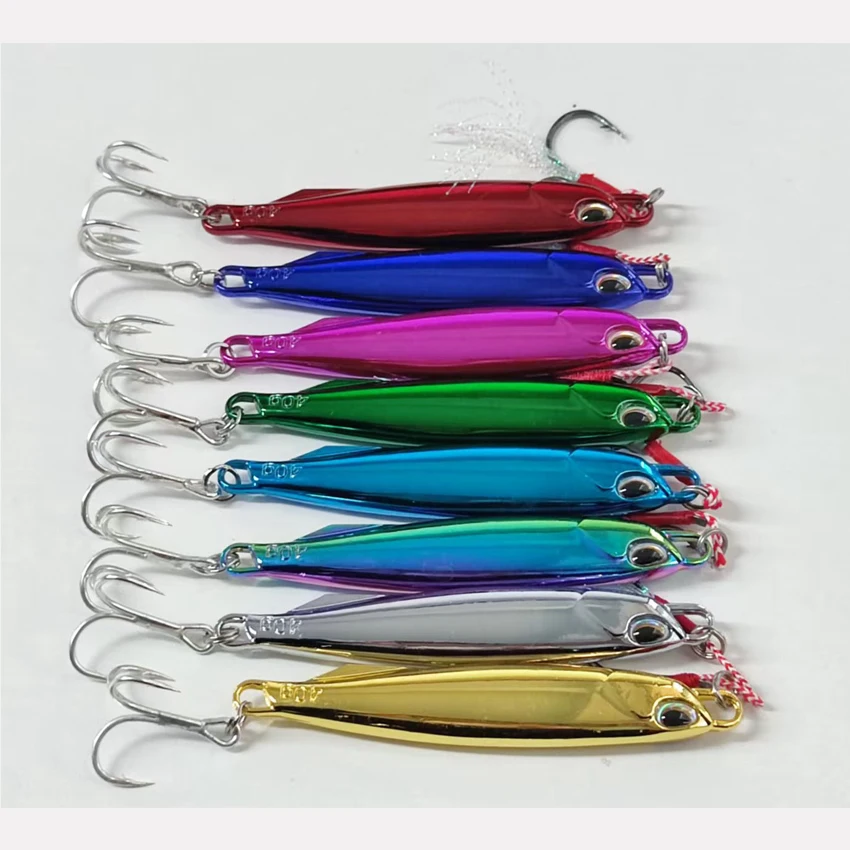Paquete de 8 señuelos tipo cuchara de plantilla de Metal fundido, 30g, 40g, 60g, 80g, 8 colores, señuelos con ganchos, perfectos para fundición, Jigging, pesca de lubina - imagen 2