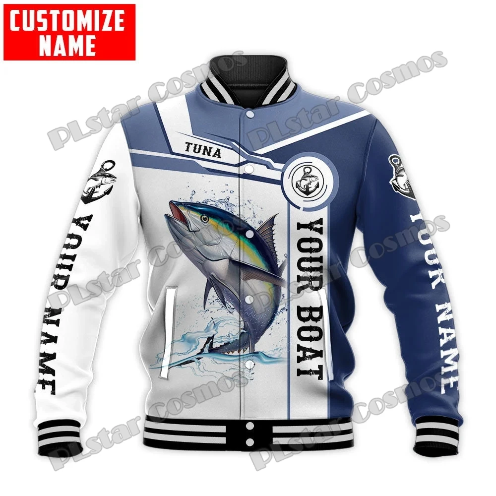Chaqueta de béisbol con nombre personalizado para hombre y mujer, cazadora con estampado 3D de trucha y atún, a presión, informal, cálida, de invierno, FX21